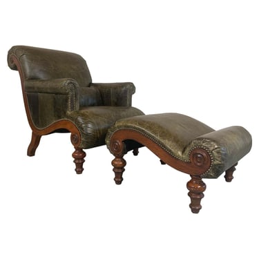 Regency British Colonial Style Drexel Heritage Lounge Chair & Ottoman 
