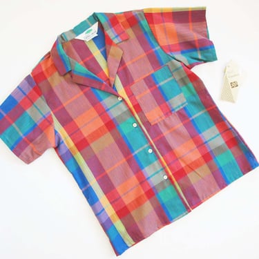 Vintage 80s Plaid Short Sleeve Camp Shirt M - 1980s Preppy Madras Pink Blue Orange Button Up Top - Deadstock Vintage 