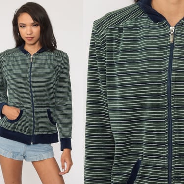 Velour Jacket Track Jacket Zip Up Sweatshirt 90s Warm Up Green Blue Retro 1990s Long Sleeve Slouchy Small Medium 