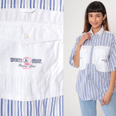 90s Striped Cargo Shirt White Blue Utility Button Up Shirt Short Sleeve Top Retro Anchor Blue Chest Pocket Vintage 1990s Cotton Men's Medium 