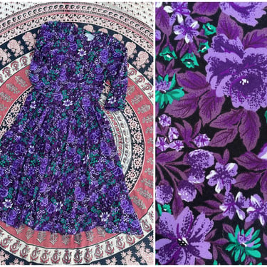 Vintage ‘80s floral print tea dress, E.D. MICHAELS petites, purple flowers, garden party, XS/S 