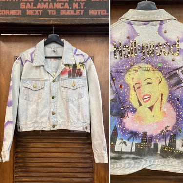 Vintage 1980’s Hollywood Artwork Marilyn Monroe Denim Cropped Jacket, 80’s Denim Jacket, 80’s Airbrush Artwork, Vintage Clothing 