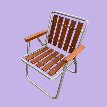 Vintage Lawn Chair Retro 1960s Mid Century Modern + Silver Aluminum Frame + Redwood Slatted + Folds Up + Outdoor + Camping Seating + Patio 