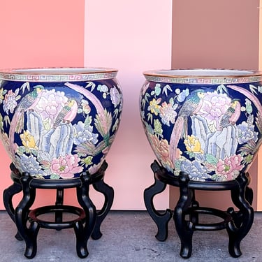Pair of Large Navy Floral Cachepots