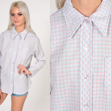 70s Checkered Blouse Button up Shirt Long Sleeve Collared Top Retro Preppy Pointed Collar Seventies White Coral Blue Vintage 1970s Small S 