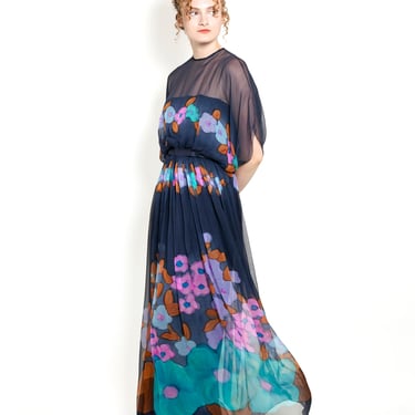 Alfred Bosand Silk Floral Print Maxi Dress 