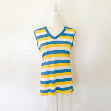 60s Blue White Yellow Striped Muscle Tee V-Neck Tank Ringer Shirt | Medium/Large 