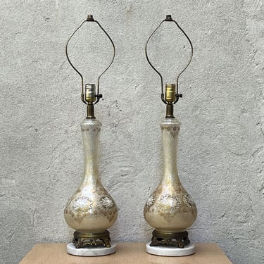 Pair Mid Century Table Lamps, White Gold Venetian Style Regency with Marble Bases 