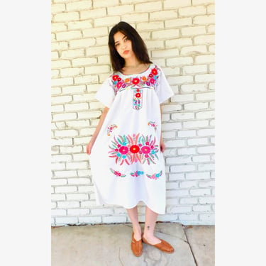Mexican Dress // vintage sun Mexican hand embroidered floral boho hippie cotton hippy midi white 70s 70's 1970s 1970's // O/S 