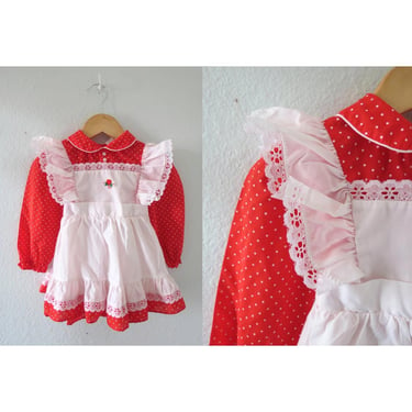 Vintage Girls Red Polka Dot Print Dress - Valentine's Day Outfit - White Lace Apron Ruffle Dress - Size 2T 