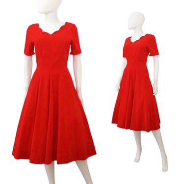 1950s Red Holiday Party Dress - 50s Red Party Dress - 50s Velveteen Dress - 50s Red Velvet Dress - 1950s Red Fit & Flare Dress | Size Small 