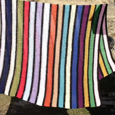 Vintage 80's Striped Afhgan / Throw Blanket - 18 Different Color Stripes with Black, Very Soft, 72x54 