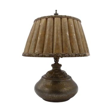 Antique Hammered Brass Table Lamp with Floral Trim Shade