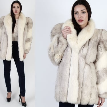 Swirl Sleeve Fox Fur Coat / 80s Plush Womens Arctic Real Jacket / Evans Brand Vintage 1980s Luxurious Coat Medium 