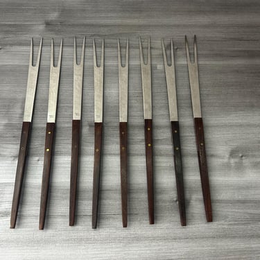 Vintage Fondue Forks, Danish Wood and Stainless Fondue Forks, Set of Six Original Box Mid Century Modern Japan 