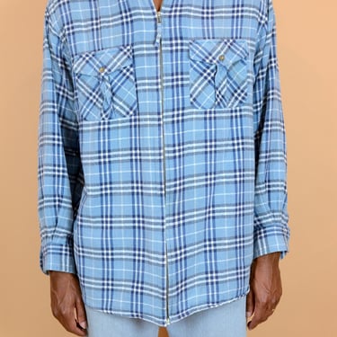 Vintage Blue Check Zip Flannel Button Down Shirt | Large XL Oversize 90s 2000s Y2k 