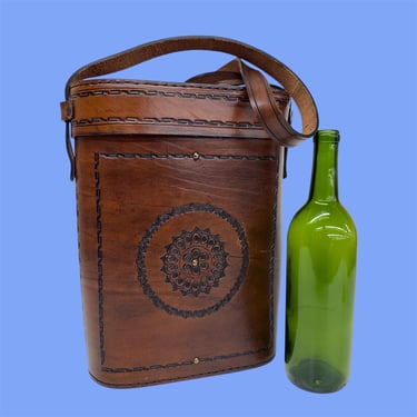 Vintage Wine Carrier Retro 1990s Handmade + Medallion Design + Tooled Leather + Bottle Holder + Made in Argentina + Bohemian + Bar Decor 