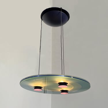 Postmodern 'Aurora' Pendant Lamp by Perry King & Santiago Miranda for Arteluce, Azure Blue Metal and Glass, 1980s Italy 