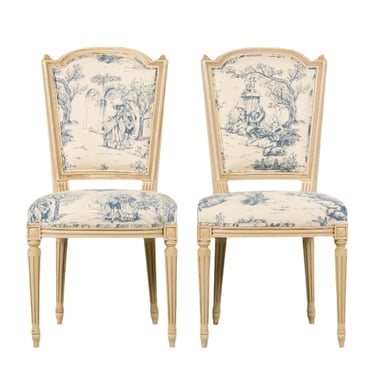 Antique French Louis XVI Style Painted Accent Side Chairs in Blue Toile - A Pair 