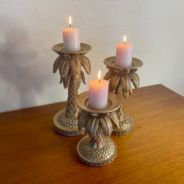 Trio of Metal Palm Tree Candle Holders 