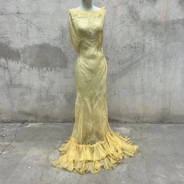 Vintage 1930s Yellow Organza Floral Embroidered Dress Ruffles Low Back Maxi