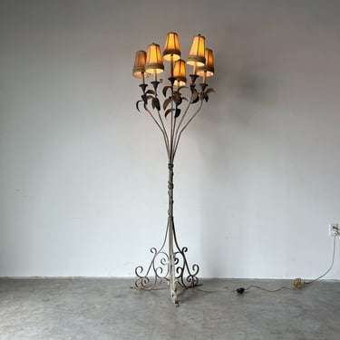 Vintage French Hollywood Regency Wrought Iron Scroll Six Lights Tree Floor Lamp 