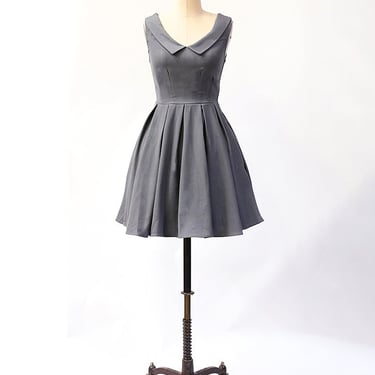 SUNDAY | Charcoal - charcoal gray pointed collar dress. vintage inspired. bridesmaid dress. v neck. pleated skirt. pockets. mod. retro. 