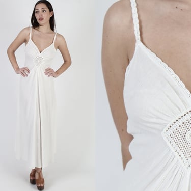All White Gauze Low Cut Sun Dress, Vintage 70s Spaghetti Strap Summer Crochet Dress, Grecian Ballerina Core Sexy Lounge Outfit 