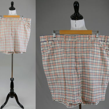 70s Men's Plaid Grandpa Shorts - 42" waist - Red White & Blue - Thin Cotton Blend - Vintage 1970s - 6.5" inseam length 