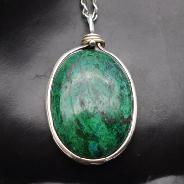 Simple 70's chrysocolla sterling oval pendant, green cab long 925 silver curb chain hippie necklace 