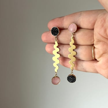 Pink and Black Squiggle Earrings in Pink Opal and Black Onyx 