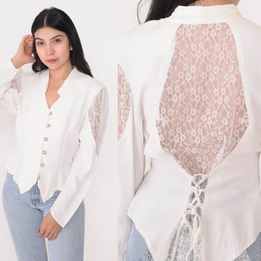 White Lace Blouse 90s Puff Sleeve Top Sheer Floral Button up Shirt Long Sleeve Open Back Cascading Waterfall Train Vintage 1990s Small S 