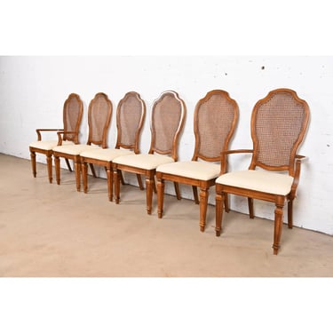 Thomasville French Regency Louis XVI Carved Cherry Wood Cane Back Dining Chairs, Set of Six