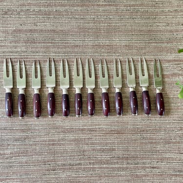 Mid Century Appetizer Fork Set - Brass and Wood Cocktail Fork Set - Two Prong Brass Appetizer Forks - Set of 12 