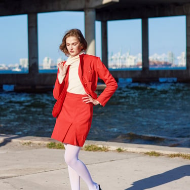 60s Red Long Sleeve Structured  Blazer Suit Vintage Mod Skirt Pocket Suit 