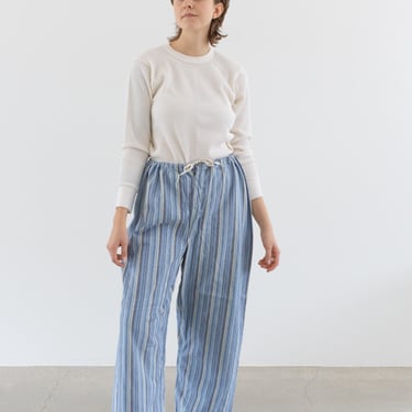 Vintage 26-38 Waist Stripe Flannel Drawstring Easy Pant | Blue White Yellow High Waist Holiday Cotton Pajama Pants | FL071 