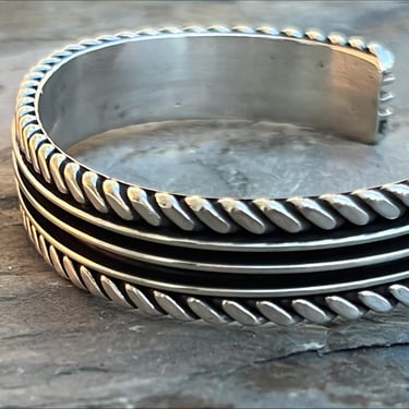 Tom Hawk ~ Vintage Navajo Sterling Silver Cuff Bracelet with Lined Center and Twisted Silver Edges - 6 5/8 Inches 