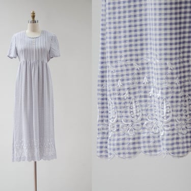 cute cottagecore dress | 90s vintage periwinkle dusty blue white gingham checkered plaid embroidered floral romantic maiden tie back dress 
