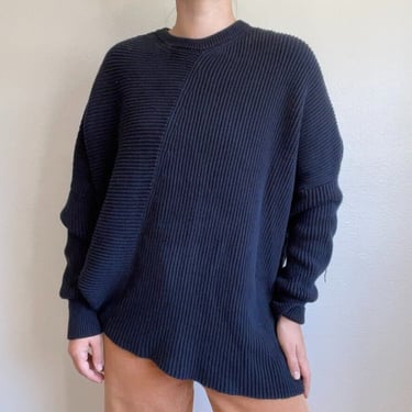 Free People Womens Black Cotton Ribbed Crewneck Asymmetrical Oversized Sweater M 
