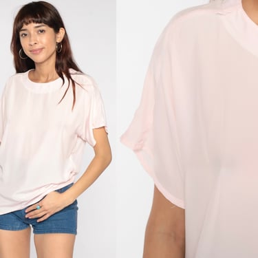 80s Baby Pink Blouse Plain Pastel Shirt Short Sleeve Top Lightweight Polyester Top 1980s Simple Pullover Solid Casual Basic Medium 