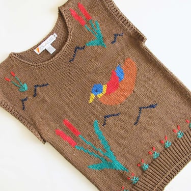 Vintage 80s Duck Knit Top M L  - Novelty Print Bird Mallard Print Knitted Brown Shirt 