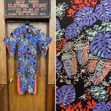 Vintage 1950’s Black Background Drum Pattern Rayon Pake Muu Batwing Sleeve Hawaiian Dress, Vintage Pake Muu, Hawaiian Dress, Batwing Sleeve 
