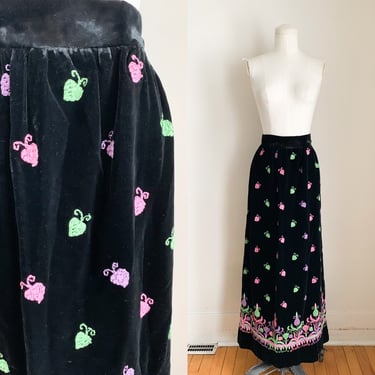 Vintage 1960s Malbe Black Velvet Maxi with pink & green embroidery / 30