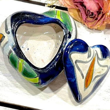 VINTAGE: Talavera Mexican Pottery - Heart Trinket - Ring Jewelry Box - Colorful Hand Painted Bowl - Made in Mexico - SKU 27-D-00033873 