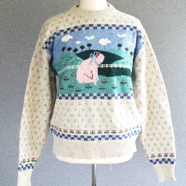 Cottagecore - 1980s - Farm - Pretty Pig - Wool Pullover Sweater - by Eddie Bauer - Marked size L 
