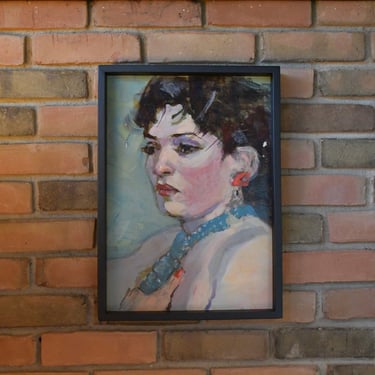 Vintage Framed Original Woman with Necklace Portrait Painting by Akron Artist Jane Cahill Kovacic, ca. 1970's 