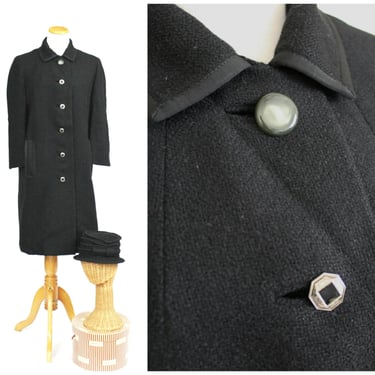 Vintage 1940's 50's Gorgeous Black Wool Straight Coat with Ribbon Trim Older Garment Union Label EUC 