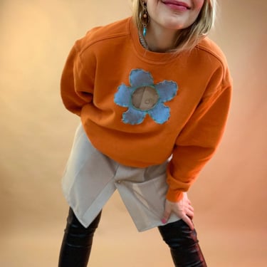 Daisy patch sweatshirt, cutout sweatshirt, upcycled boob sweatshirt,  orange vintage sweatshirt L 