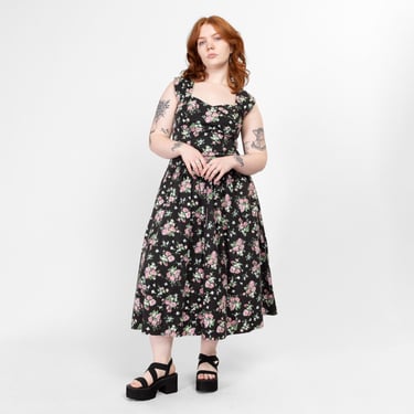 Medium 80s Black Floral Cotton Fit & Flare Dress | Vintage Boho Gothic Sleeveless Maxi Sundress 