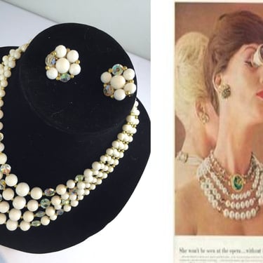 Opera Belles - Vintage 1950s 1960s White Lucite Facet Cut Clear Beads Necklace & Earring Set 